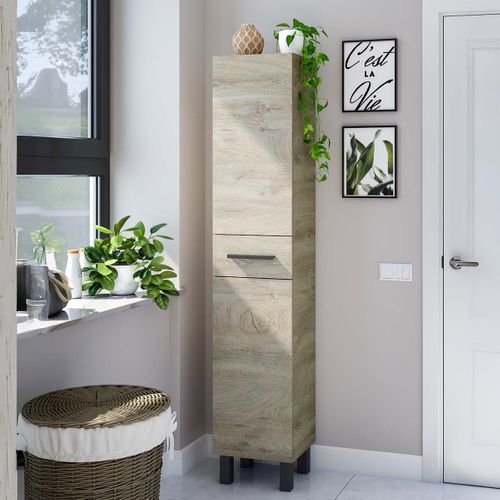 Colonne De Salle De Bain Avec 2 Portes Et 1 Tiroir Coloris Chêne - L. 35 X H. 182  X P. 30,5 Cm