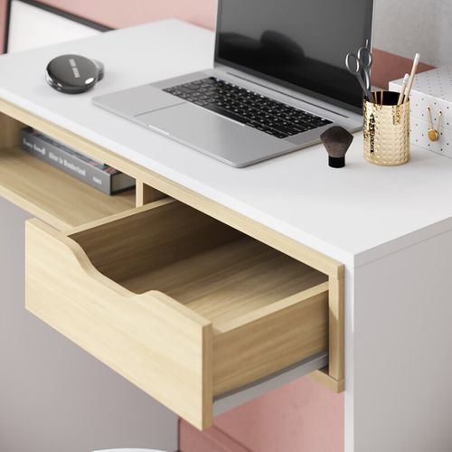Bureau Coloris Blanc Avec Un Tiroir Couleur Cambrien ,table D'étude Avec Rangement