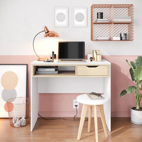 Bureau Coloris Blanc Avec Un Tiroir Couleur Cambrien ,table D'étude Avec Rangement