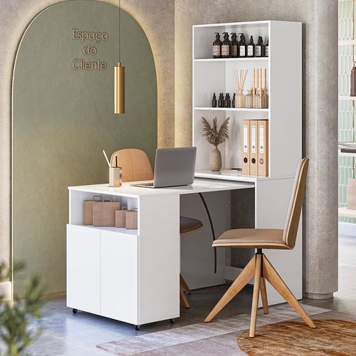 Bureau Rétractable Avec Bibliothèque Et Espace De Rangement Intégrée Coloris Blanc