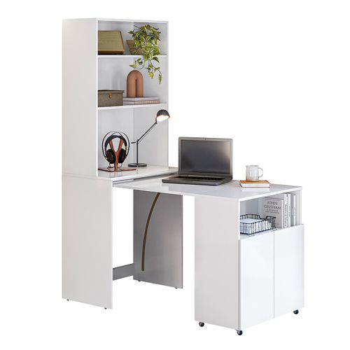 Bureau Rétractable Avec Bibliothèque Et Espace De Rangement Intégrée Coloris Blanc