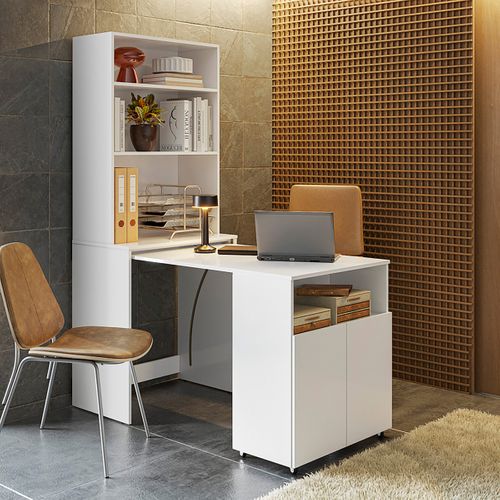 Bureau Rétractable Avec Bibliothèque Et Espace De Rangement Intégrée Coloris Blanc