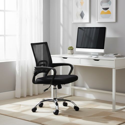 Chaise De Bureau Noire Avec Dossier Et Accoudoirs En Maille, Roulettes En Métal