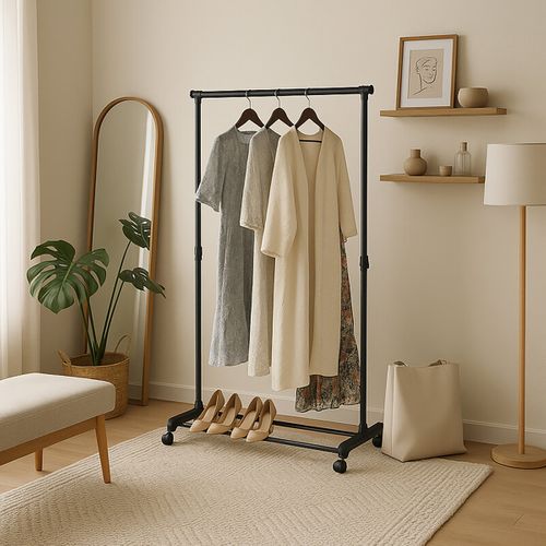 Portant à Linge Avec Barres De Suspension Porte-manteau Sur Pied à Roulettes Coloris Noir