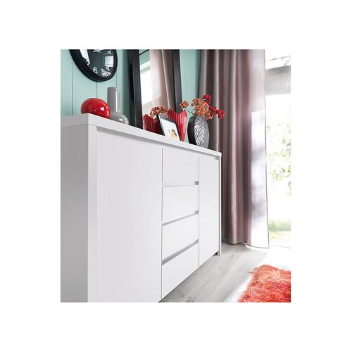 Commode Buffet Meuble De Rangement à 2 Portes Et 4 Tiroirs, Coloris Blanc/blanc Mat