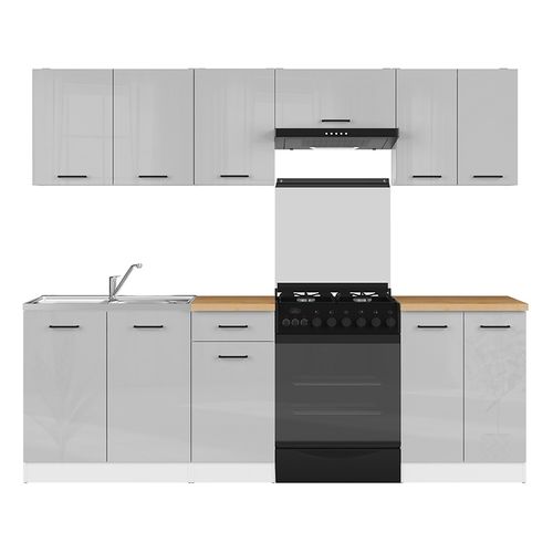 Cuisine Complète 240 Cm,ensemble De Meuble De Cuisine Coloris Gris Clair Brillant, Plan De Travail