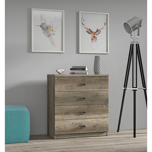 Commode à 4 Tiroirs Coulissantes Coloris Chêne/gris Motif Écriture - L. 80 X P. 40 X H. 87,5 Cm