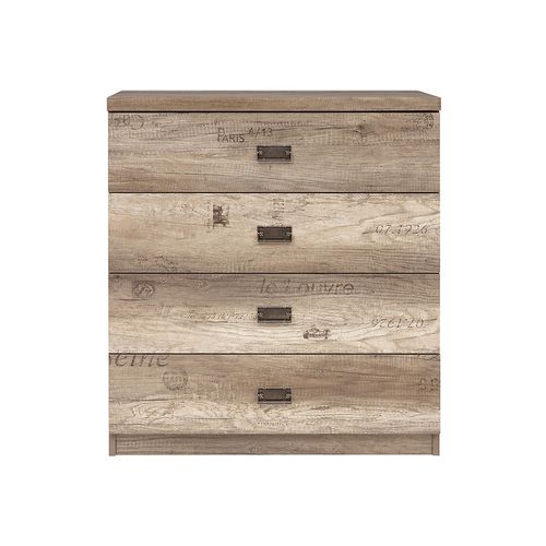 Commode à 4 Tiroirs Coulissantes Coloris Chêne/gris Motif Écriture - L. 80 X P. 40 X H. 87,5 Cm