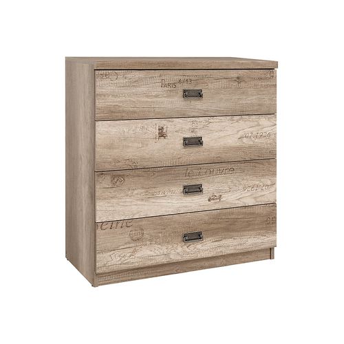 Commode à 4 Tiroirs Coulissantes Coloris Chêne/gris Motif Écriture - L. 80 X P. 40 X H. 87,5 Cm