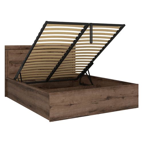 Lit Coffre Adulte 2 Places 160x200 Avec Cadre Sommier Et Rangement, Coloris Chêne Marron Foncé