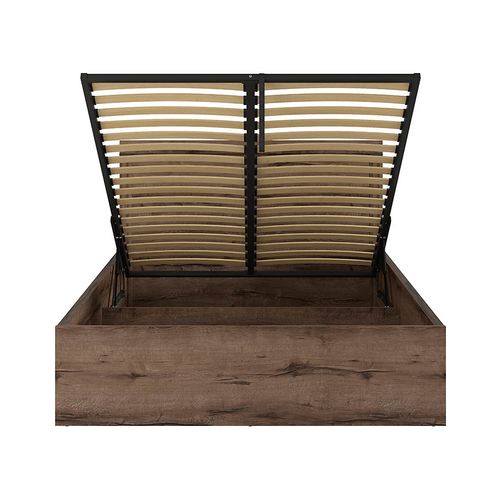 Lit Coffre Adulte 2 Places 140x200 Avec Cadre Sommier Et Rangement, Coloris Chêne Marron Foncé