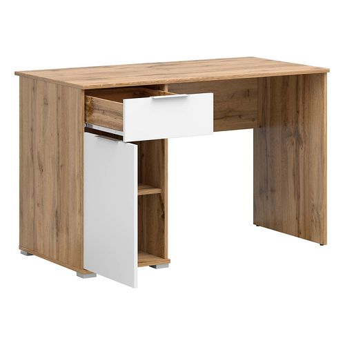 Bureau Avec 1 Portes Et 1 Tiroir Coloris Chêne Wotan/blanc Brillant - L. 120 X P. 60 X H. 76 Cm