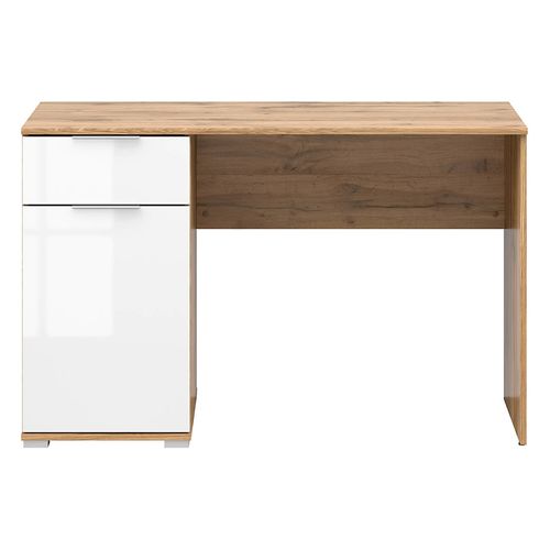 Bureau Avec 1 Portes Et 1 Tiroir Coloris Chêne Wotan/blanc Brillant - L. 120 X P. 60 X H. 76 Cm