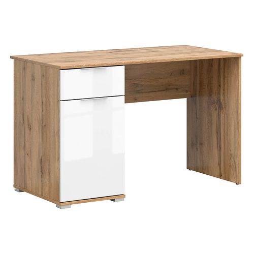 Bureau Avec 1 Portes Et 1 Tiroir Coloris Chêne Wotan/blanc Brillant - L. 120 X P. 60 X H. 76 Cm