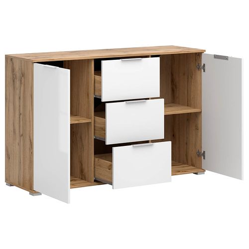 Commode Meuble De Rangement à 2 Portes Et 3 Tiroirs,coloris Chêne Wotan/blanc Brillant