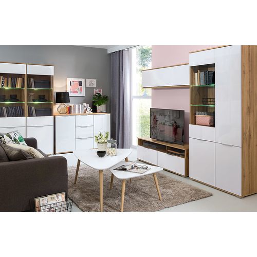 Commode Meuble De Rangement à 2 Portes Et 3 Tiroirs,coloris Chêne Wotan/blanc Brillant