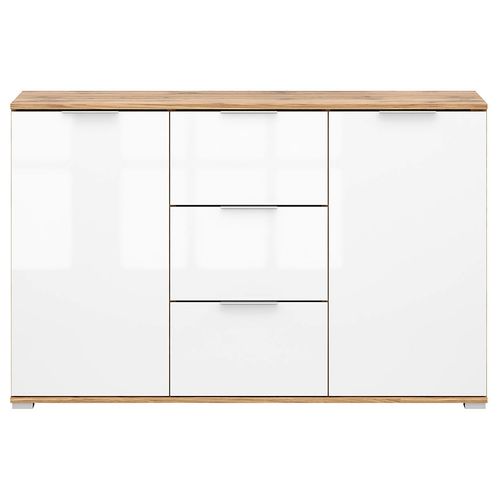 Commode Meuble De Rangement à 2 Portes Et 3 Tiroirs,coloris Chêne Wotan/blanc Brillant