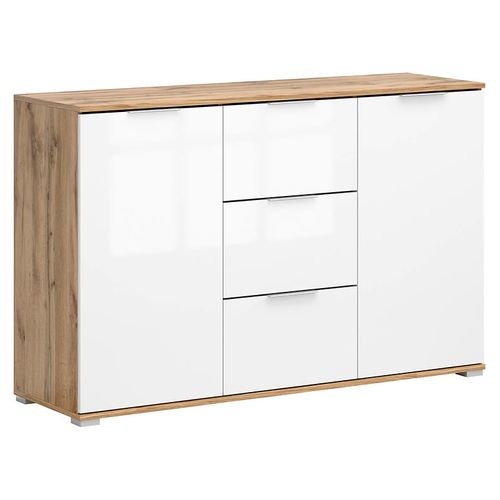 Commode Meuble De Rangement à 2 Portes Et 3 Tiroirs,coloris Chêne Wotan/blanc Brillant