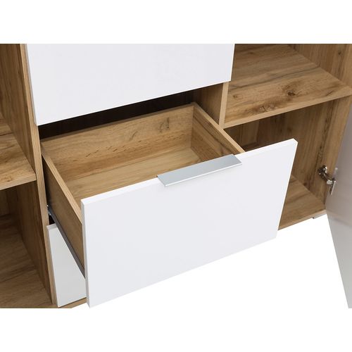 Commode Meuble De Rangement à 2 Portes Et 3 Tiroirs,coloris Chêne Wotan/blanc Brillant