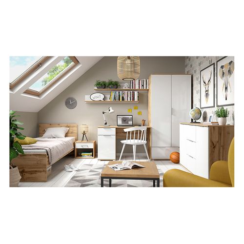 Commode Meuble De Rangement à 2 Portes Et 3 Tiroirs,coloris Chêne Wotan/blanc Brillant