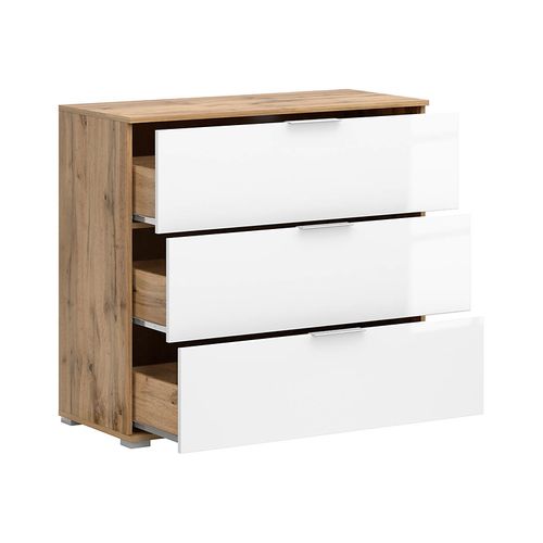 Commode Meuble De Rangement à 3 Tiroirs,coloris Chêne Wotan/blanc Brillant