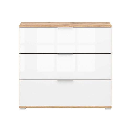 Commode Meuble De Rangement à 3 Tiroirs,coloris Chêne Wotan/blanc Brillant