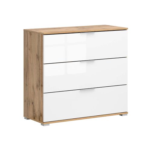 Commode Meuble De Rangement à 3 Tiroirs,coloris Chêne Wotan/blanc Brillant
