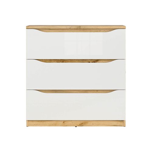 Commode à 3 Tiroirs, Coloris Chêne Wotan/blanc Brillant - L. 90 X P. 39,5 X H. 91,5 Cm