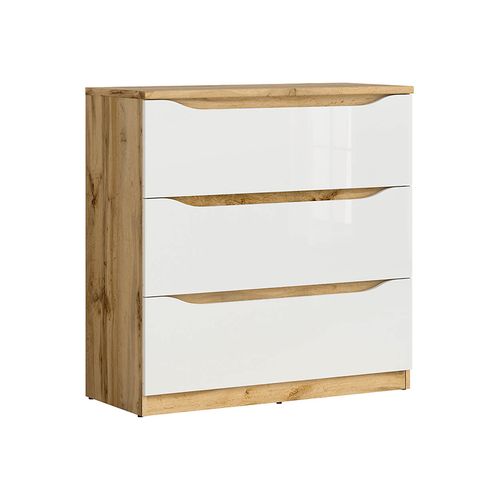Commode à 3 Tiroirs, Coloris Chêne Wotan/blanc Brillant - L. 90 X P. 39,5 X H. 91,5 Cm
