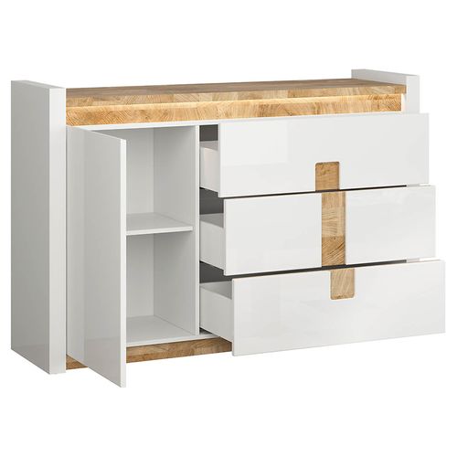 Commode Avec Porte Et 3 Tiroirs Avec Éclairage LED, Coloris Blanc Brillant/chêne Clair