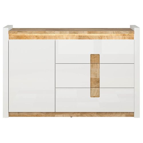 Commode Avec Porte Et 3 Tiroirs Avec Éclairage LED, Coloris Blanc Brillant/chêne Clair