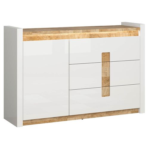 Commode Avec Porte Et 3 Tiroirs Avec Éclairage LED, Coloris Blanc Brillant/chêne Clair