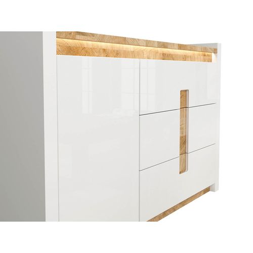 Commode Avec Porte Et 3 Tiroirs Avec Éclairage LED, Coloris Blanc Brillant/chêne Clair