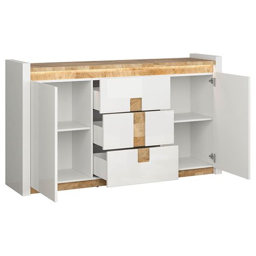 Commode Avec 2 Porte Et 3 Tiroirs Avec Éclairage LED, Coloris Blanc Brillant/chêne Clair
