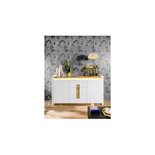 Commode Avec 2 Porte Et 3 Tiroirs Avec Éclairage LED, Coloris Blanc Brillant/chêne Clair