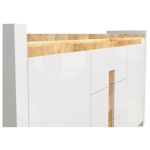 Commode Avec 2 Porte Et 3 Tiroirs Avec Éclairage LED, Coloris Blanc Brillant/chêne Clair