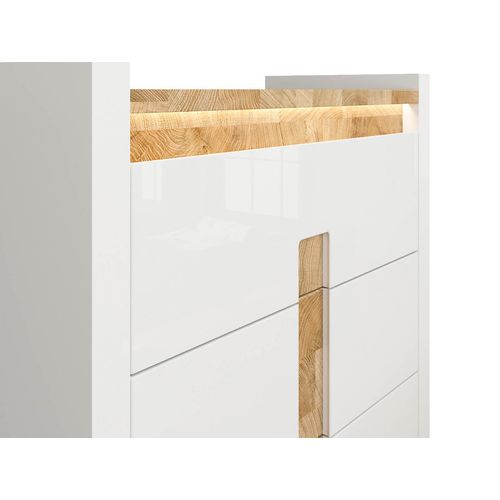 Commode à 3 Tiroirs Meuble De Rangement Avec Éclairage LED, Coloris Blanc Brillant/chêne Clair