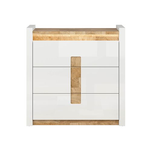 Commode à 3 Tiroirs Meuble De Rangement Avec Éclairage LED, Coloris Blanc Brillant/chêne Clair