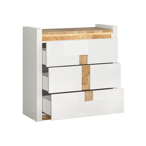Commode à 3 Tiroirs Meuble De Rangement Avec Éclairage LED, Coloris Blanc Brillant/chêne Clair