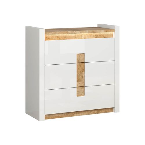 Commode à 3 Tiroirs Meuble De Rangement Avec Éclairage LED, Coloris Blanc Brillant/chêne Clair