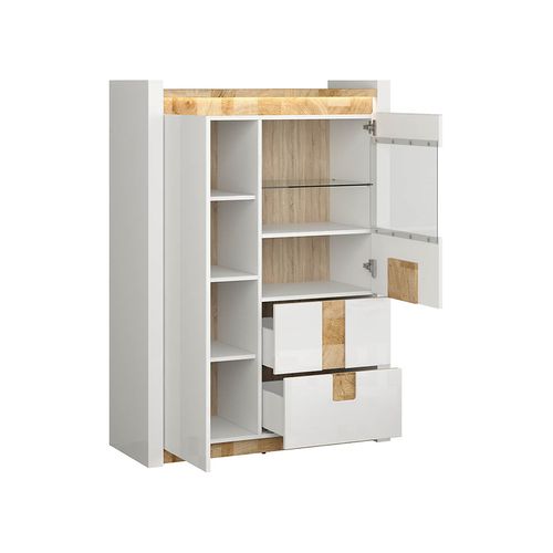 Vitrine Avec 2 Portes Et 2 Tiroirs,avec Éclairage LED, Coloris Blanc Brillant/chêne Clair