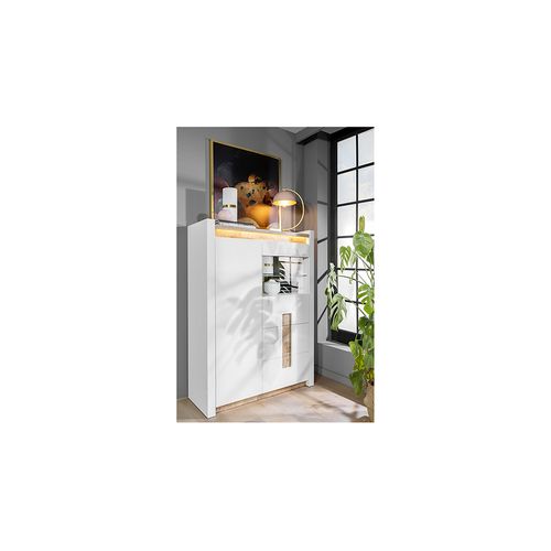 Vitrine Avec 2 Portes Et 2 Tiroirs,avec Éclairage LED, Coloris Blanc Brillant/chêne Clair