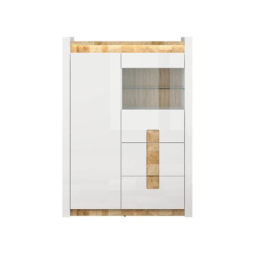 Vitrine Avec 2 Portes Et 2 Tiroirs,avec Éclairage LED, Coloris Blanc Brillant/chêne Clair