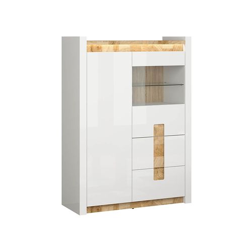 Vitrine Avec 2 Portes Et 2 Tiroirs,avec Éclairage LED, Coloris Blanc Brillant/chêne Clair