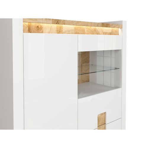 Vitrine Avec 2 Portes Et 2 Tiroirs,avec Éclairage LED, Coloris Blanc Brillant/chêne Clair