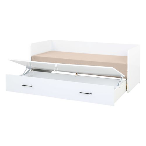 Lit, canapé convertible 80-160x200 cm avec coffre de rangement, matelas et 3 oreillers
