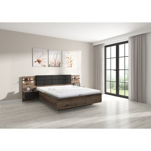 Lit Double 160x200 + 2 Tables De Chevet Éclairage LED Coloris Chêne Marron Foncé/chêne Noir