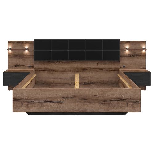 Lit Double 160x200 + 2 Tables De Chevet Éclairage LED Coloris Chêne Marron Foncé/chêne Noir