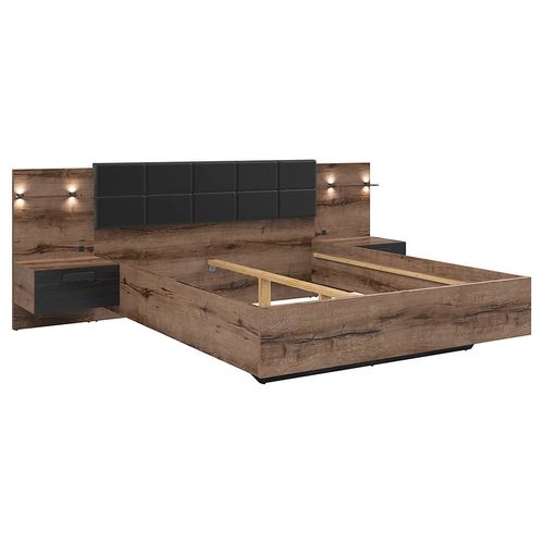 Lit Double 160x200 + 2 Tables De Chevet Éclairage LED Coloris Chêne Marron Foncé/chêne Noir