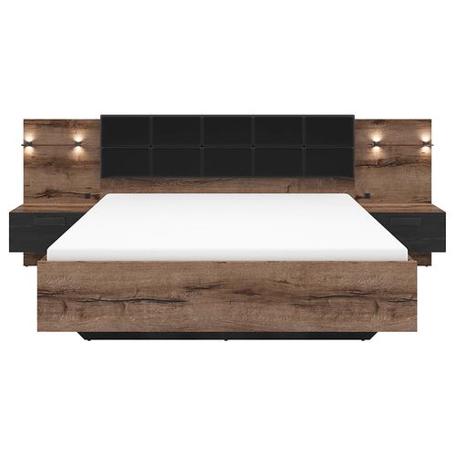 Lit Double 180x200 + 2 Tables De Chevet Éclairage LED Coloris Chêne Marron Foncé/chêne Noir